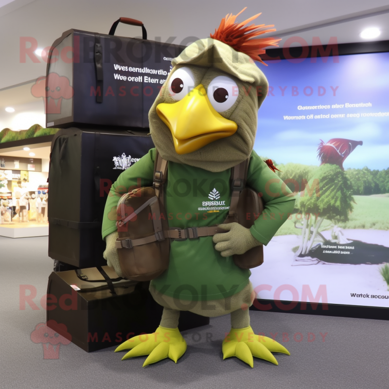 Olive Rooster mascot costume character dressed with a Long Sleeve Tee and Backpacks