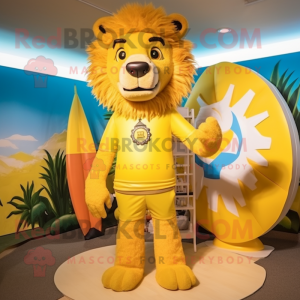 Yellow Tamer Lion mascot costume character dressed with a Bikini and Belts