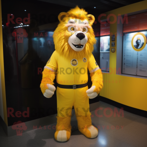 Yellow Tamer Lion mascot costume character dressed with a Bikini and Belts