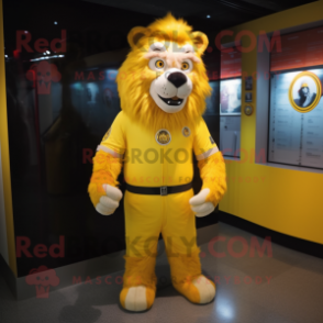 Yellow Tamer Lion mascot costume character dressed with a Bikini and Belts