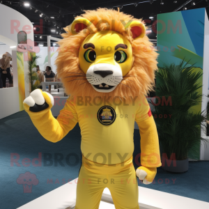 Yellow Tamer Lion mascot costume character dressed with a Bikini and Belts