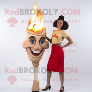 Tan Fire Eater mascot costume character dressed with a Pencil Skirt and Anklets