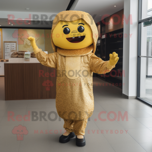 Gold Fried Rice mascot costume character dressed with a Long Sleeve Tee and Mittens