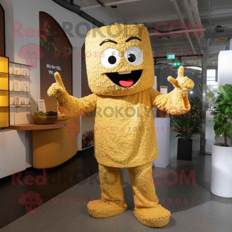 Gold Fried Rice mascot costume character dressed with a Long Sleeve Tee and Mittens