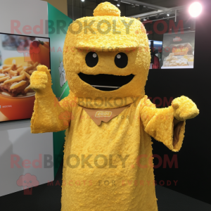 Gold Fried Rice mascot costume character dressed with a Long Sleeve Tee and Mittens