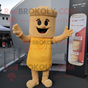 Gold Fried Rice mascot costume character dressed with a Long Sleeve Tee and Mittens