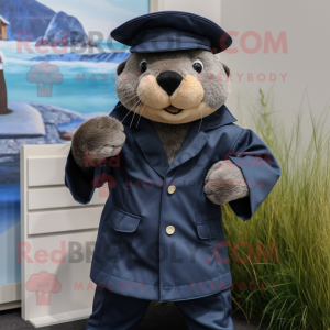 Navy Otter mascot costume character dressed with a Chinos and Berets