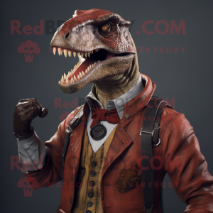 Rust Allosaurus mascot costume character dressed with a Waistcoat and Rings