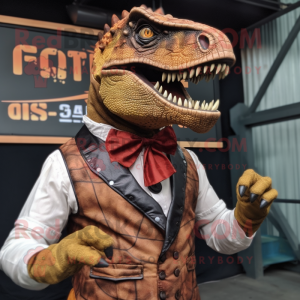 Rust Allosaurus mascot costume character dressed with a Waistcoat and Rings