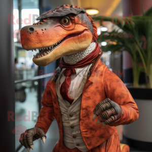 Rust Allosaurus mascot costume character dressed with a Waistcoat and Rings