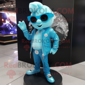 Cyan Ice mascot costume character dressed with a Leather Jacket and Earrings