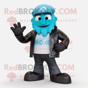Cyan Ice mascot costume character dressed with a Leather Jacket and Earrings
