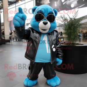 Cyan Ice mascot costume character dressed with a Leather Jacket and Earrings