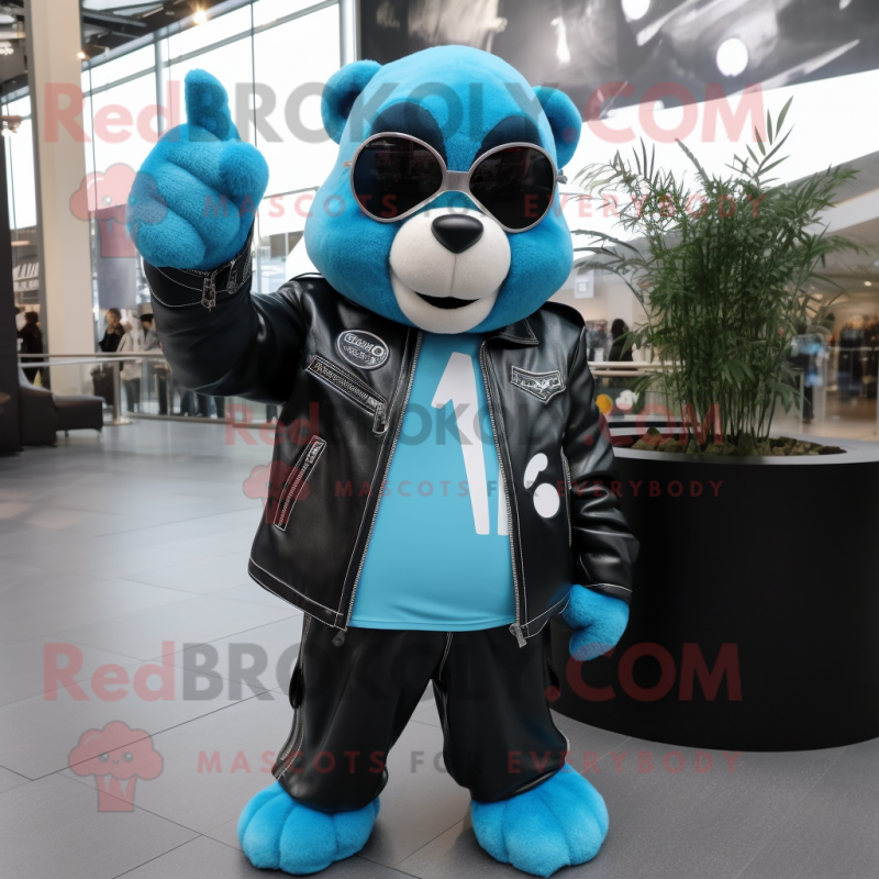 Cyan Ice mascot costume character dressed with a Leather Jacket and Earrings Cyan Ice mascot costume character dressed with a Leather Jacket and Earrings