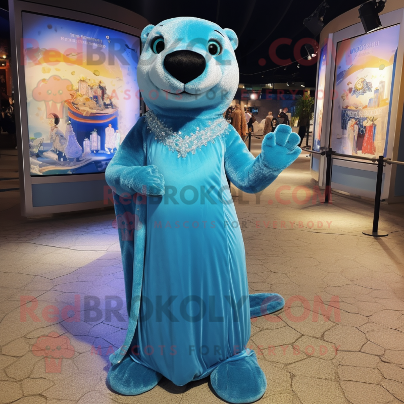 Blue Otter mascot costume character dressed with a Evening Gown and Anklets