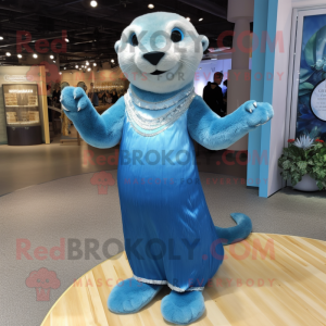 Blue Otter mascot costume character dressed with a Evening Gown and Anklets
