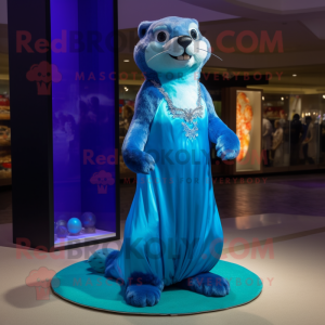 Blue Otter mascot costume character dressed with a Evening Gown and Anklets
