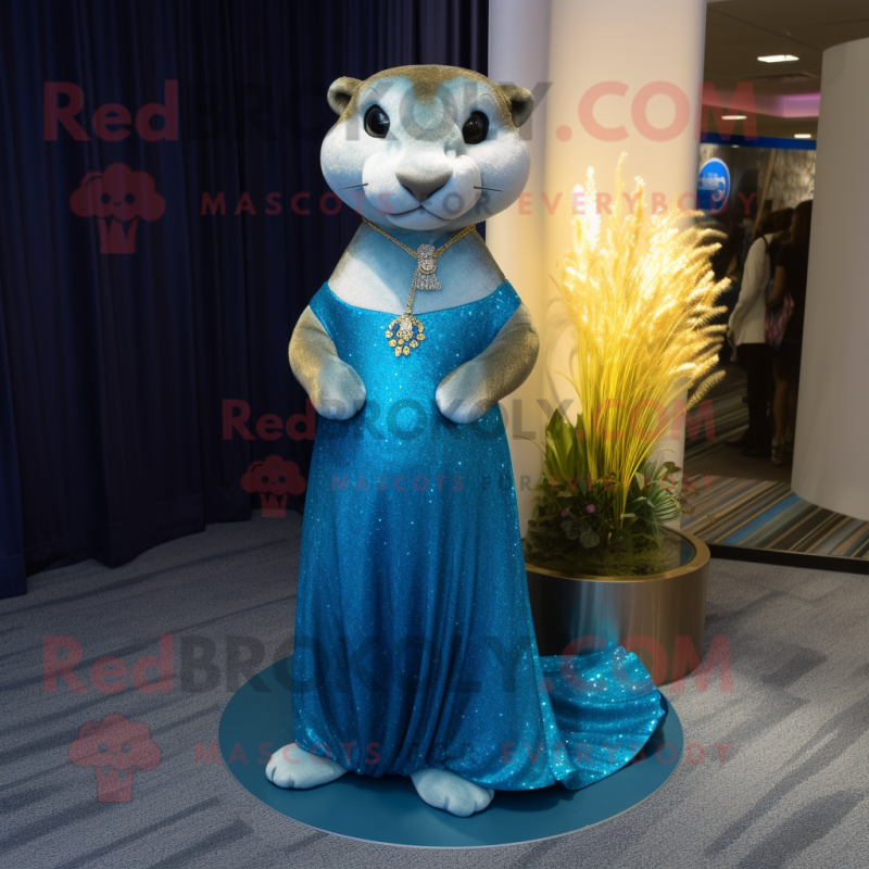Blue Otter mascot costume character dressed with a Evening Gown and Anklets Blue Otter mascot costume character dressed with a Evening Gown and Anklets