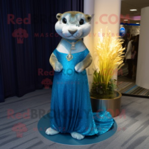 Blue Otter mascot costume character dressed with a Evening Gown and Anklets