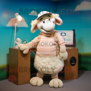 Cream Merino Sheep mascot costume character dressed with a Culottes and Caps