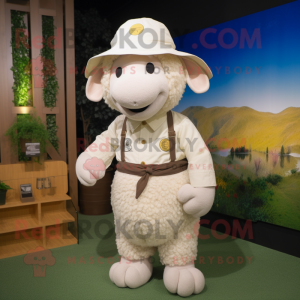 Cream Merino Sheep mascot costume character dressed with a Culottes and Caps