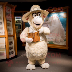 Cream Merino Sheep mascot costume character dressed with a Culottes and Caps