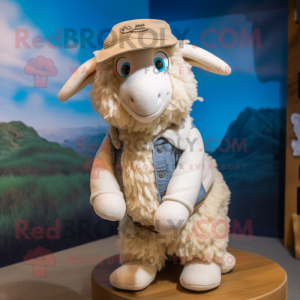 Cream Merino Sheep mascot costume character dressed with a Culottes and Caps