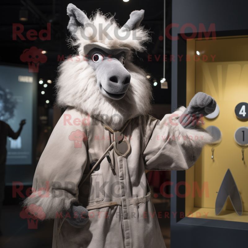 Gray Llama mascot costume character dressed with a Raincoat and Ties Gray Llama mascot costume character dressed with a Raincoat and Ties