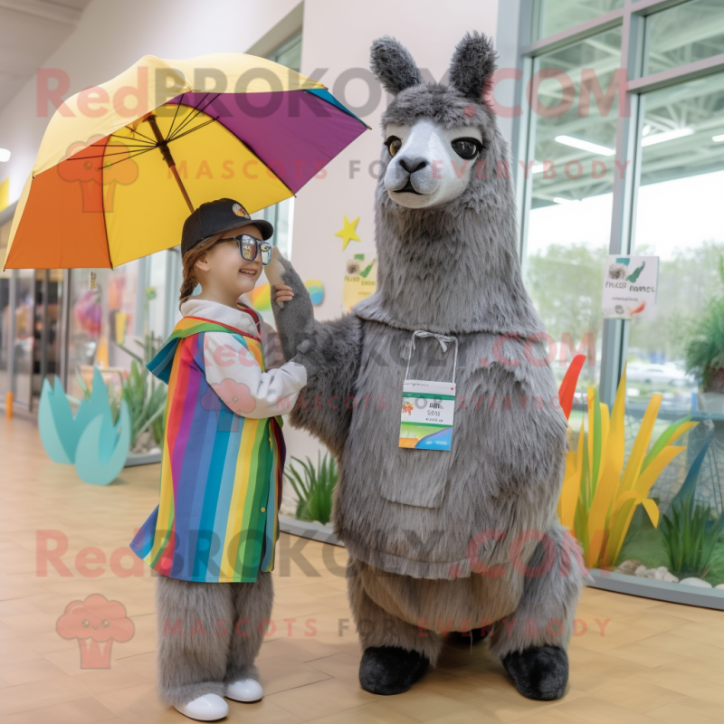 Gray Llama mascot costume character dressed with a Raincoat and Ties