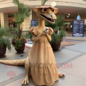 Tan Dimorphodon mascot costume character dressed with a Empire Waist Dress and Earrings