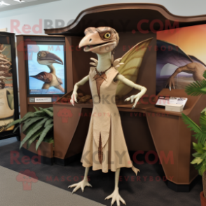 Tan Dimorphodon mascot costume character dressed with a Empire Waist Dress and Earrings