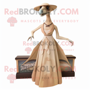 Tan Dimorphodon mascot costume character dressed with a Empire Waist Dress and Earrings