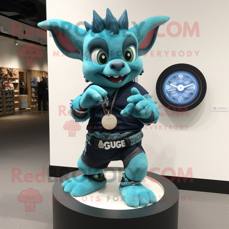 Turquoise Gargoyle mascot costume character dressed with a Dungarees and Smartwatches