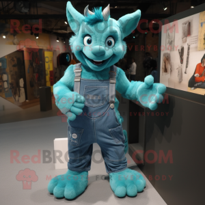 Turquoise Gargoyle mascot costume character dressed with a Dungarees and Smartwatches