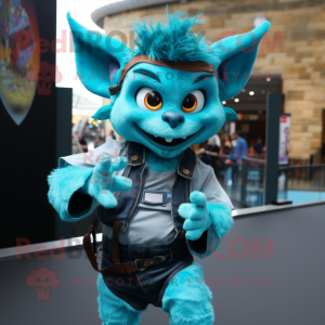 Turquoise Gargoyle mascot costume character dressed with a Dungarees and Smartwatches
