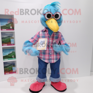 Sky Blue Flamingo mascot costume character dressed with a Flannel Shirt and Reading glasses