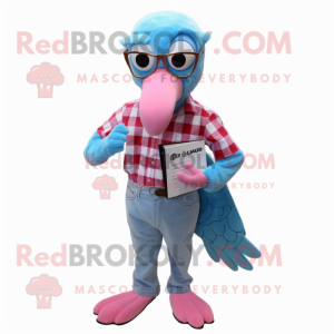 Sky Blue Flamingo mascot costume character dressed with a Flannel Shirt and Reading glasses