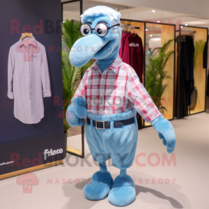 Sky Blue Flamingo mascot costume character dressed with a Flannel Shirt and Reading glasses