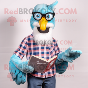 Sky Blue Flamingo mascot costume character dressed with a Flannel Shirt and Reading glasses