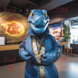 Blue Anaconda mascot costume character dressed with a Leather Jacket and Shawls