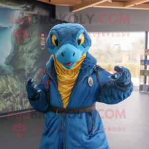 Blue Anaconda mascot costume character dressed with a Leather Jacket and Shawls