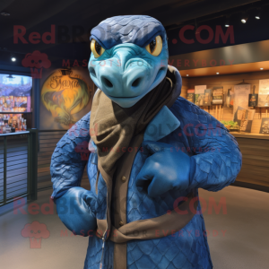 Blue Anaconda mascot costume character dressed with a Leather Jacket and Shawls