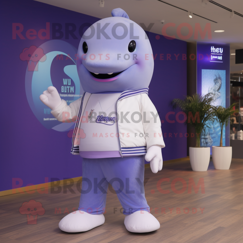 Lavender Humpback Whale mascot costume character dressed with a Jeggings and Digital watches