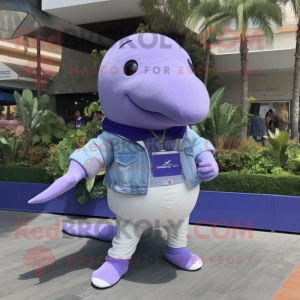 Lavender Humpback Whale mascot costume character dressed with a Jeggings and Digital watches