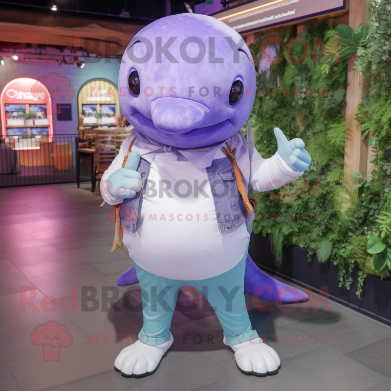 Lavender Humpback Whale mascot costume character dressed with a Jeggings and Digital watches