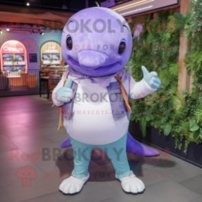 Lavender Humpback Whale mascot costume character dressed with a Jeggings and Digital watches