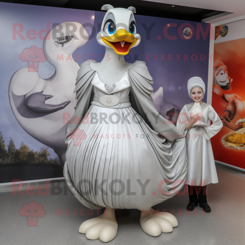 Silver Swans mascot costume character dressed with a Maxi Skirt and Brooches