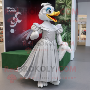 Silver Swans mascot costume character dressed with a Maxi Skirt and Brooches