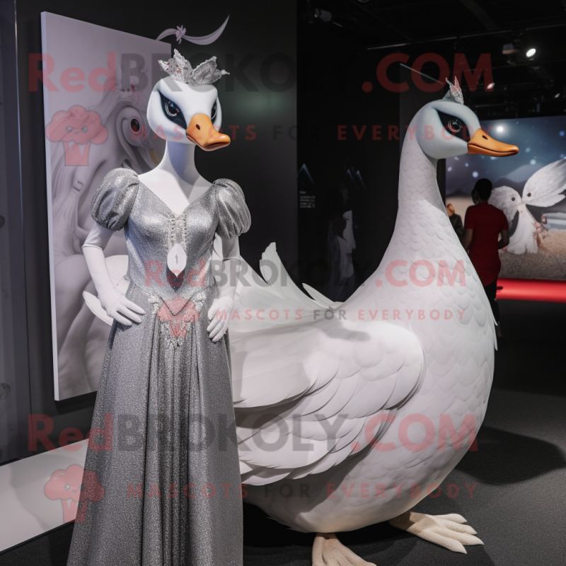 Silver Swans mascot costume character dressed with a Maxi Skirt and Brooches Silver Swans mascot costume character dressed with a Maxi Skirt and Brooches