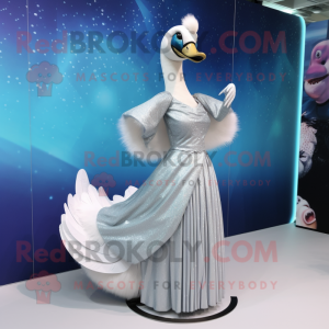 Silver Swans mascot costume character dressed with a Maxi Skirt and Brooches